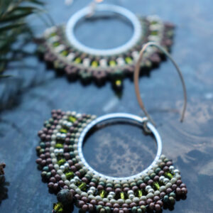Green-Brown Beaded Hoop Earrings