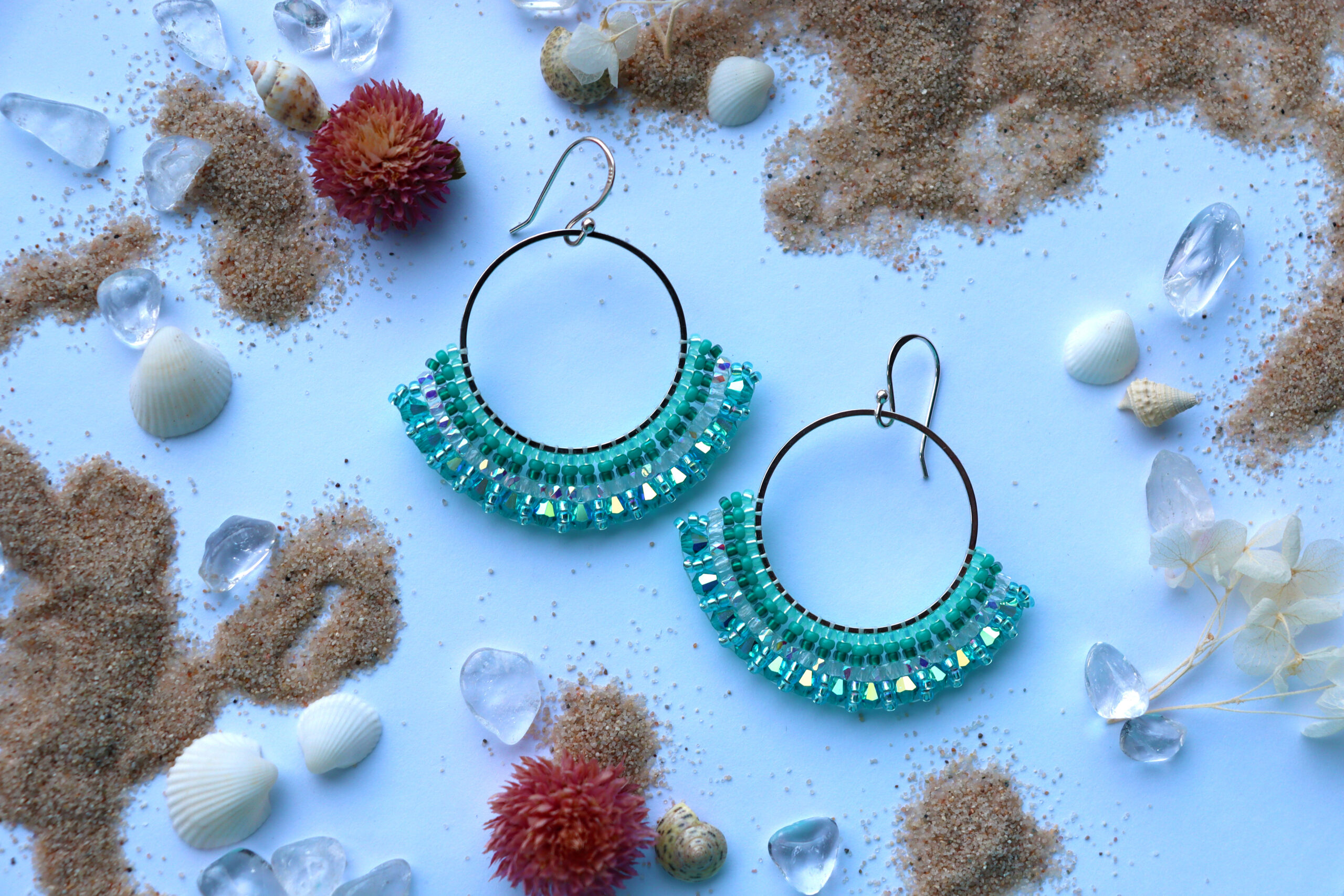 Teal Beaded Hoop Earrings
