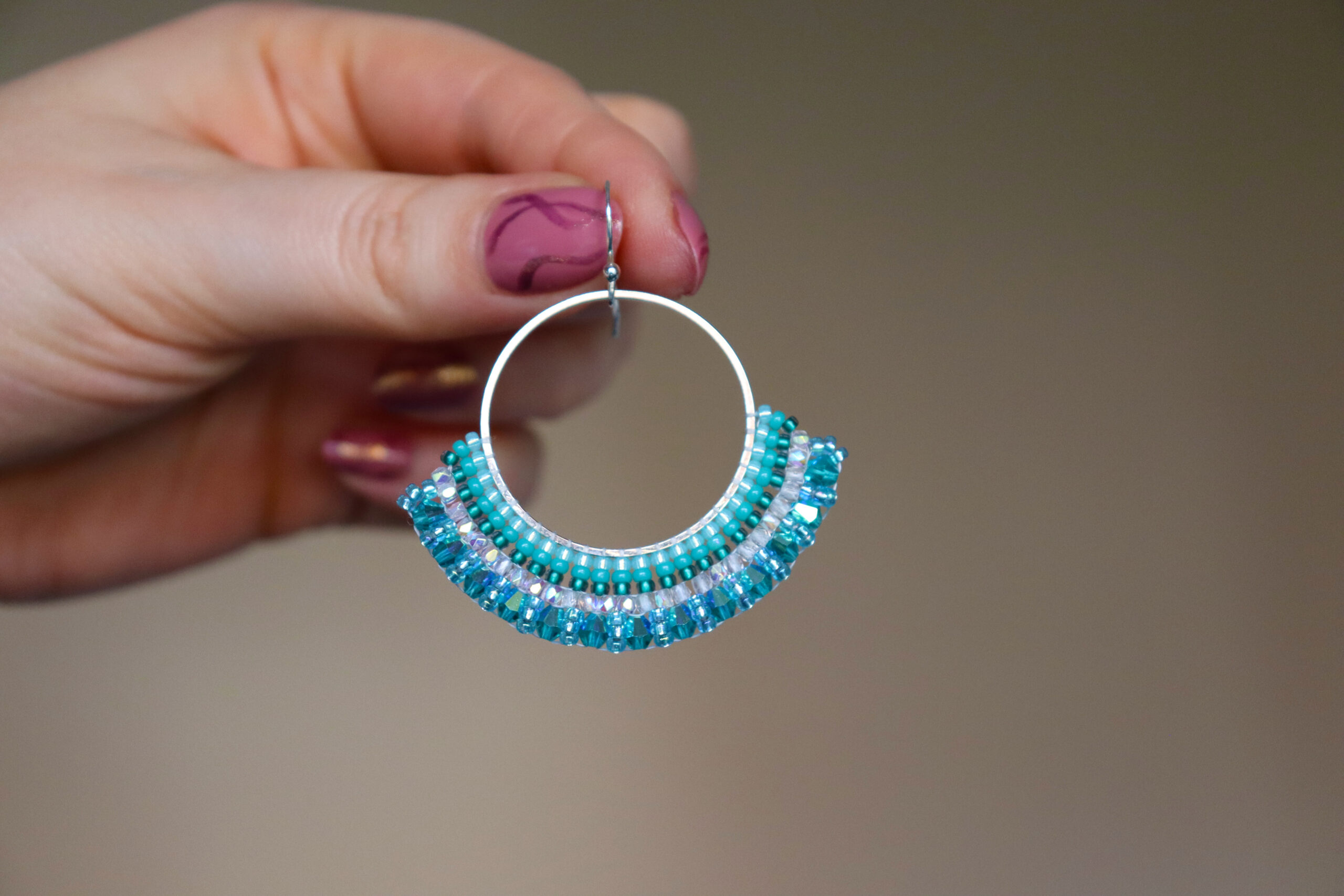 Teal Beaded Hoop Earrings - Image 2