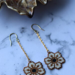 Floral Gold and Cream Beaded Earrings