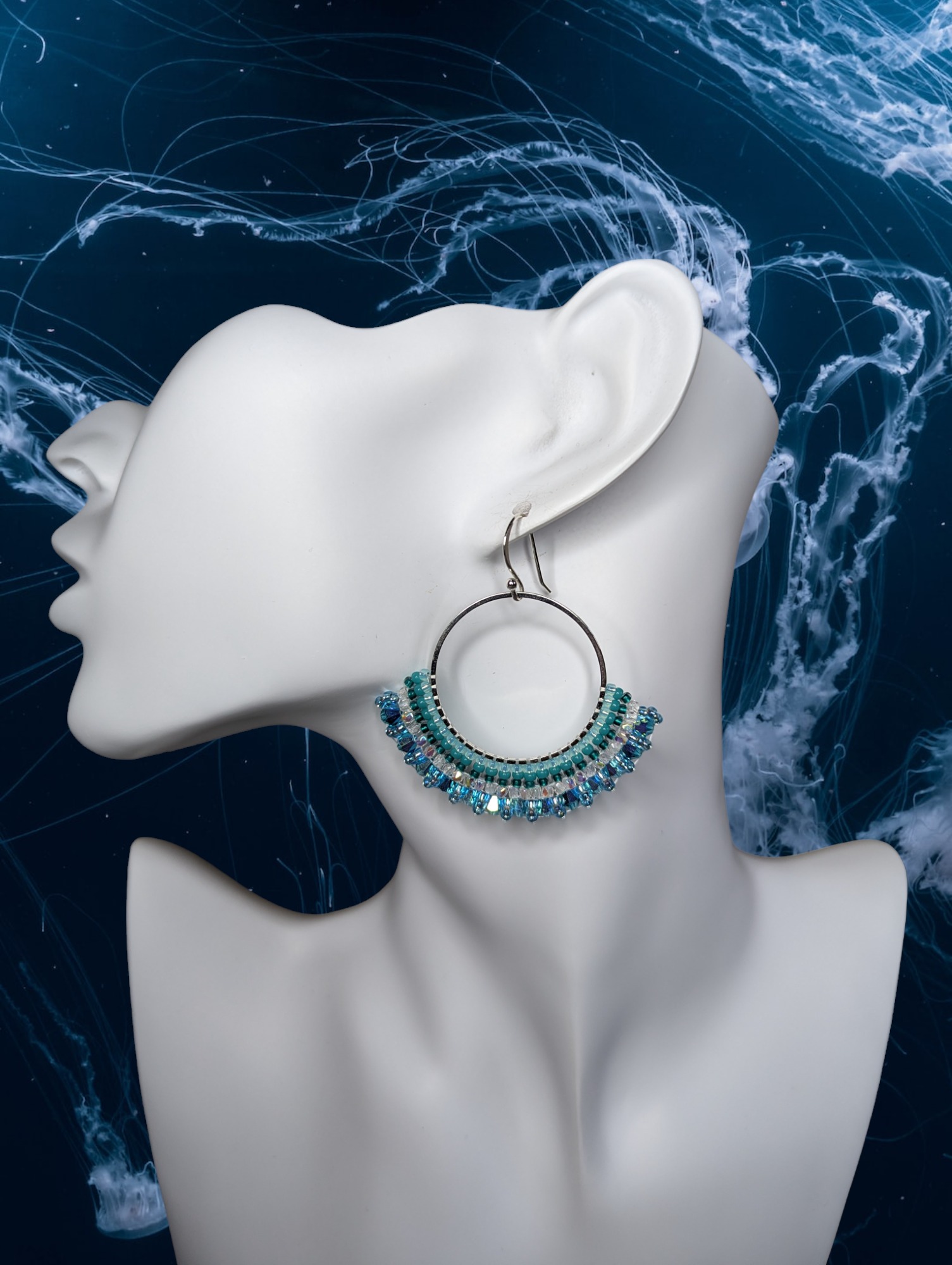 Teal Beaded Hoop Earrings - Image 3