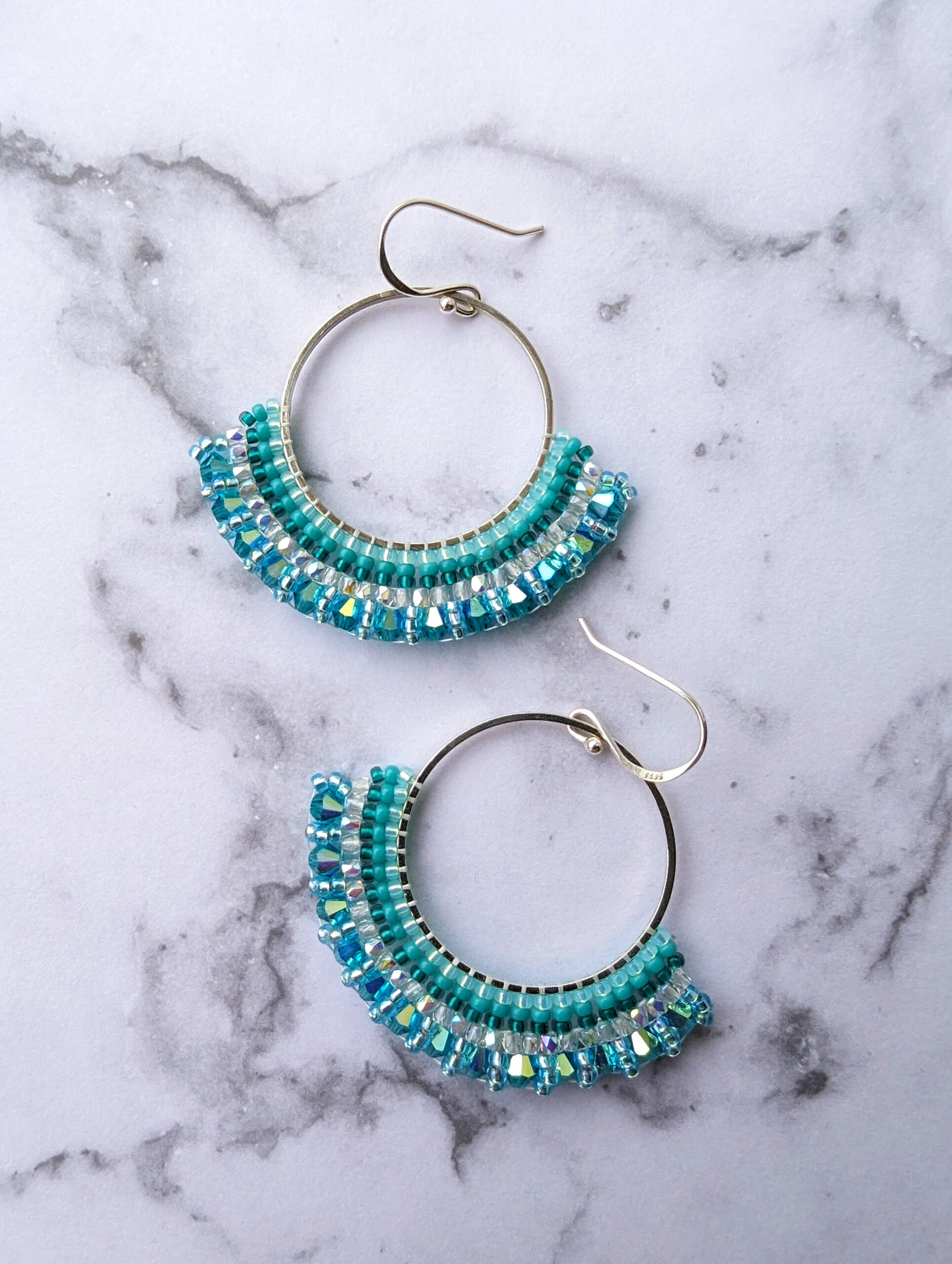 Teal Beaded Hoop Earrings - Image 4
